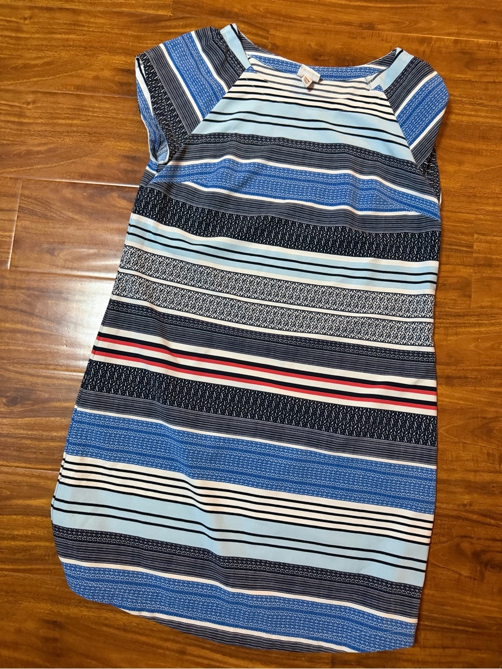 Merona Blue and White Striped Midi Dress with Red Accent
